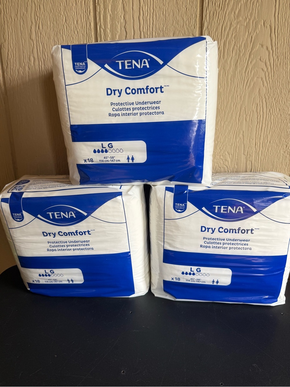 Lot of 3 New Tena Brand Dry Comfort Protective Underwear - White & Blue Size Lg